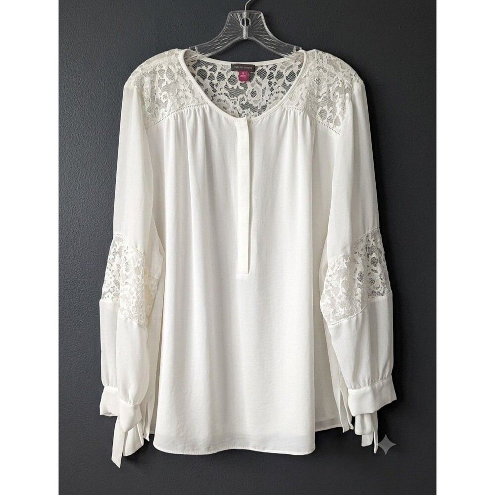 Vince Camuto Long Sleeve Blouse Top 2X Ivory Lace-Trim Tie-Cuff Rumple New